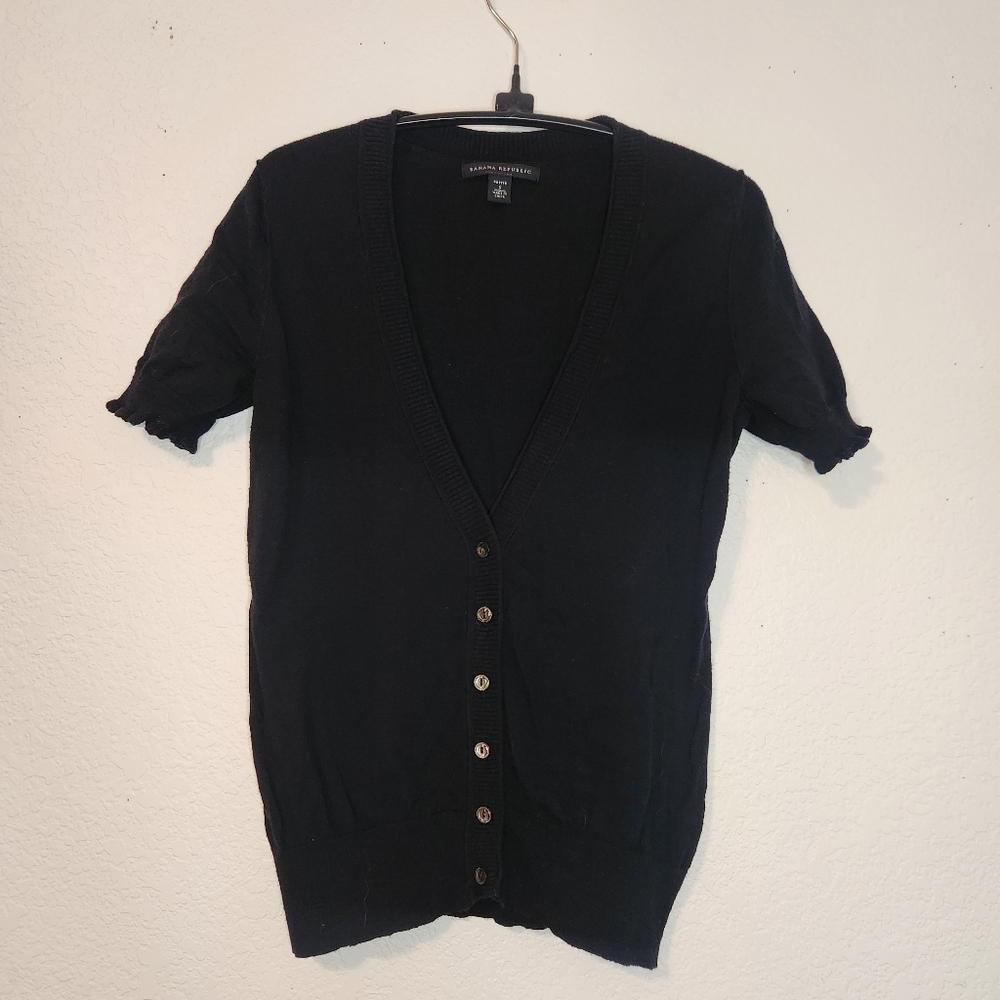 Banana Republic Black Short Sleeve Cardigan w/ Ruffle Detail at Sleeve, Size PS